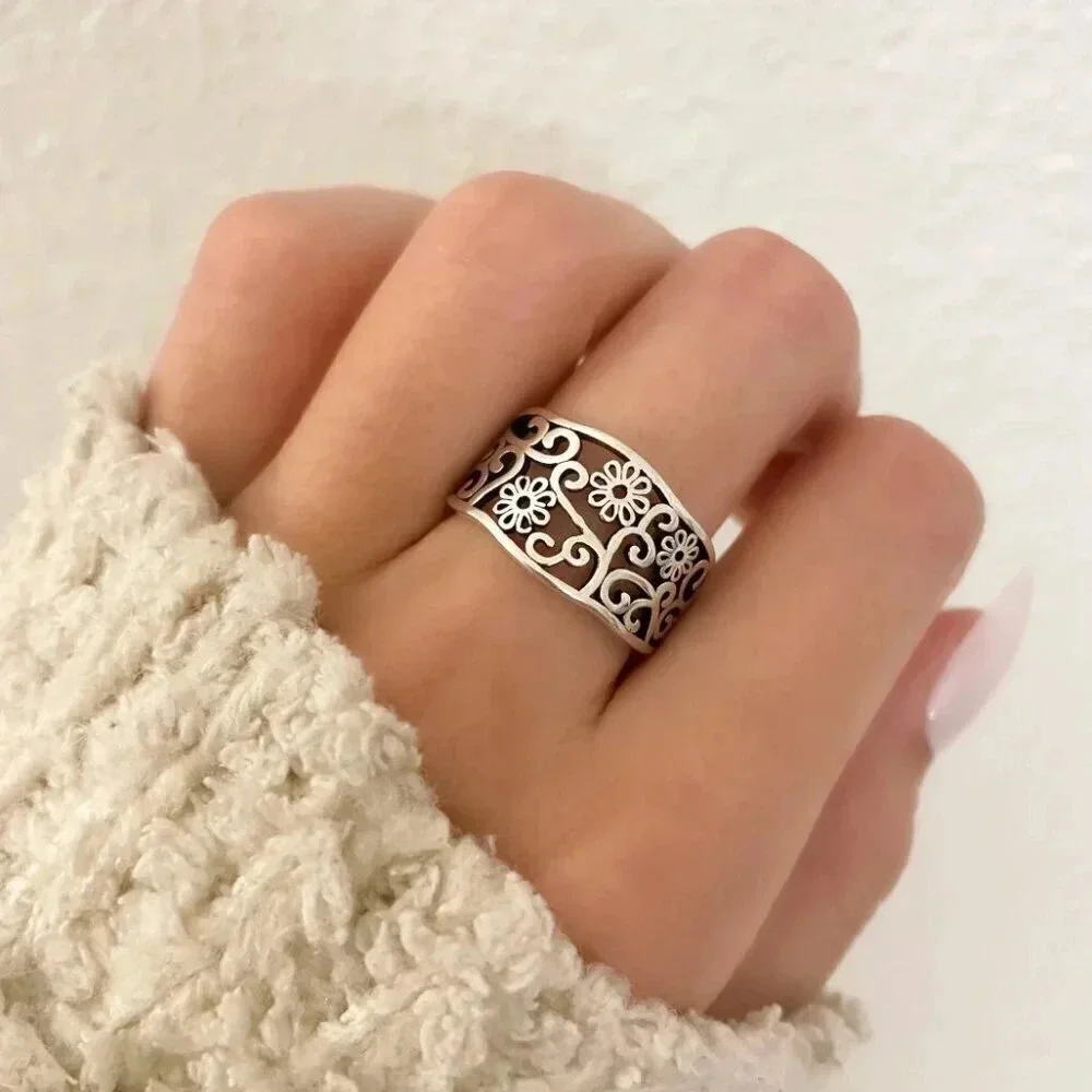 925 Sterling Silver Flower Ring Flower Cutout Ring Vintage Floral Ring Resizable